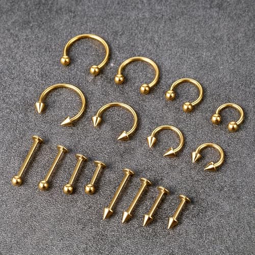 32Pcs Lip Rings for Women 16G Stainless Steel Horseshoe Labret Studs Monroe Lip Barbell Ring Snake Bite Piercing Jewelry Helix Earring Daith Tragus Cartilage Surgical Steel Jewelry - color: Gold
