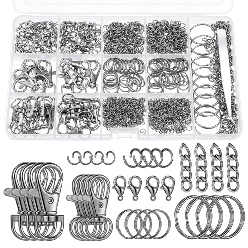 1130PCS Keychain Making Kit Jump Rings for Jewelry DIY Key Chain Supplies with Keyrings Bulk, Metal Lobster Claw Clasp, Swivel Snap Hook, Extender Chain for Crafts Accessories（Black） - color: Black