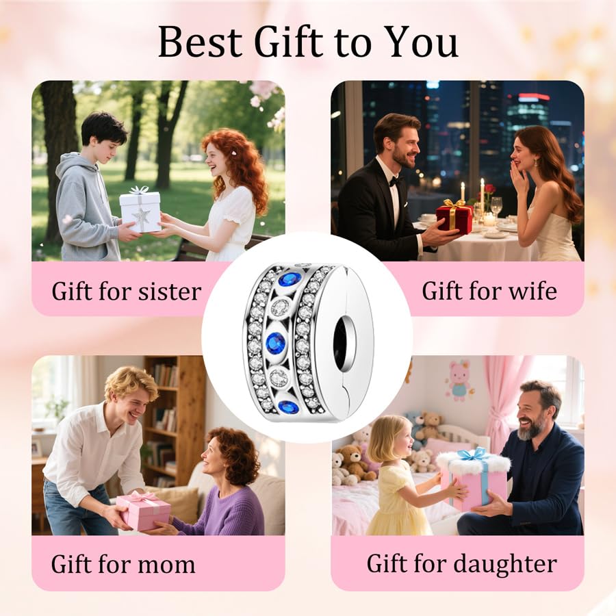 925 Sterling Silver Openable Clip Spacer Bead Fits Pandora Bracelet | Hypoallergenic Clip Stopper Charm, Star Clover Butterfly Floral Mom Heart Paved Zircon Gift for DIY Charm Bracelet Jewelry - color: Blue White Zircon Paved