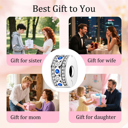 925 Sterling Silver Openable Clip Spacer Bead Fits Pandora Bracelet | Hypoallergenic Clip Stopper Charm, Star Clover Butterfly Floral Mom Heart Paved Zircon Gift for DIY Charm Bracelet Jewelry - color: Blue White Zircon Paved