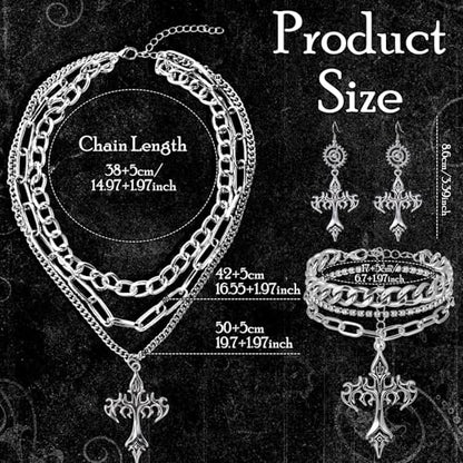 Tondiamo 3 Pcs Gothic Jewelry Set Cross Necklace for Women Goth Earrings Bracelet Layered Y2k Choker Costume Accessory - color: Silver, style: Gothic Cross