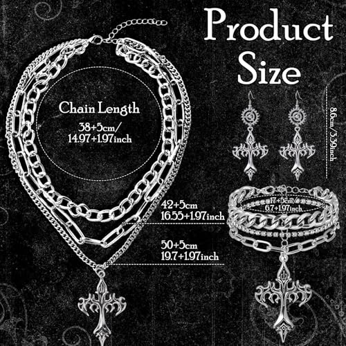 Tondiamo 3 Pcs Gothic Jewelry Set Cross Necklace for Women Goth Earrings Bracelet Layered Y2k Choker Costume Accessory - color: Silver, style: Gothic Cross