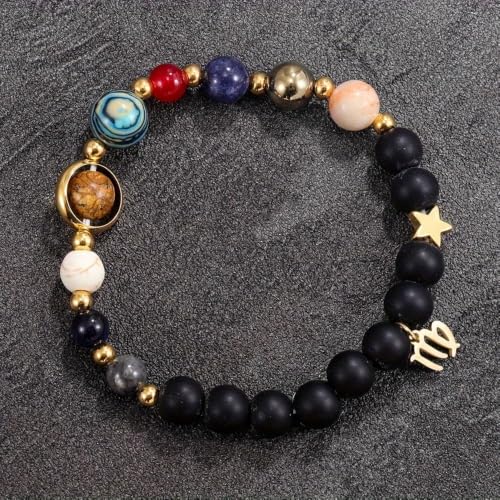 Solar System Planet Bead Zodiac Sign Stretch Bracelet for Men Women | Matte black beads with solar system planet stones, unisex design, perfect birthday holiday gift for men women - color: virgo