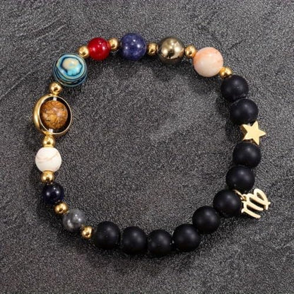 Solar System Planet Bead Zodiac Sign Stretch Bracelet for Men Women | Matte black beads with solar system planet stones, unisex design, perfect birthday holiday gift for men women - color: virgo