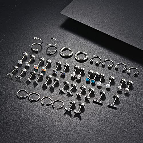 38Pcs Stainless Steel Earrings Set for Women Men 14K Gold Plated Small Flat Back Stud Earrings Hoop Earrings Women Men Hypoallergenic Cubic Zirconia Earrings Cartilage Earrings Rook Daith Tragues Lobe Conch Septum Piercing Jewelry - color: D:Rose Gold