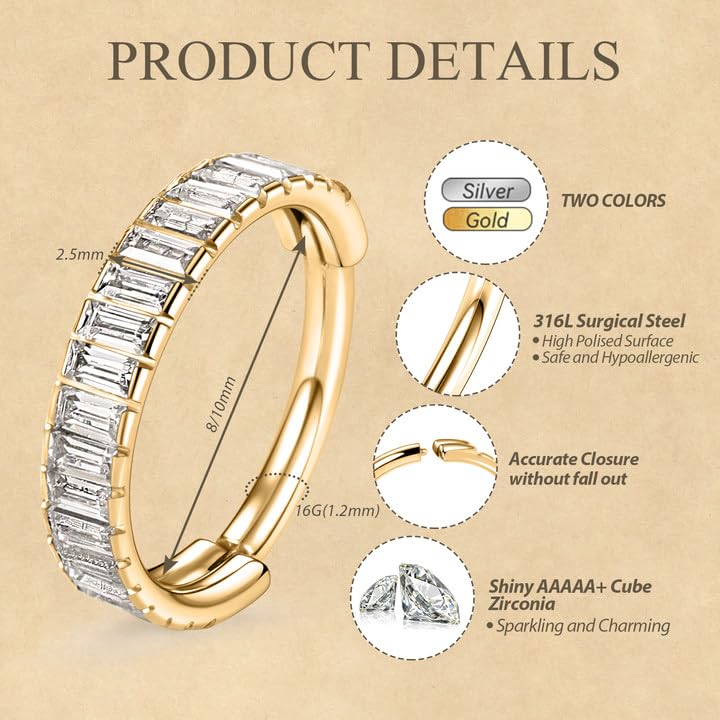 FUNLMO 316L Surgical Steel Hinged Segment Ring Conch Helix Septum Piercing Jewelry Nose Ring Hoop Cartilage Huggie Earring Baguette Gems Thick Hoop Earring - color: Gold