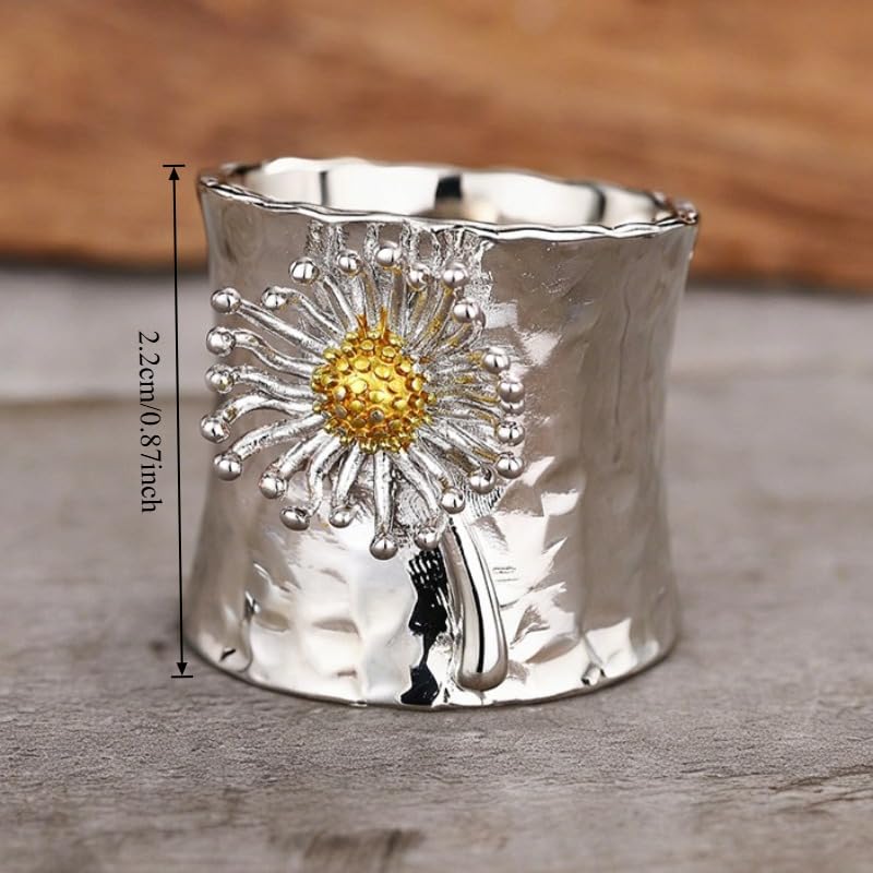 Simple Two Tone Dandelion Wide Bohemian Ring for Women Daily Party Vacation Fashion Jewelry - color: Silver & Gold