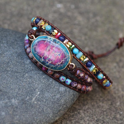 Double Color Emperor Stone Multi-layer Woven Leather Wrap Bracelet for Men and Women