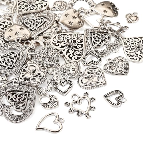 Elecrelive Crystal Heart Charms Rhinestone Heart Pendants Valentine Charms for Necklace Bracelet Earring Wedding Jewelry - color: Antique Silver, 48pcs
