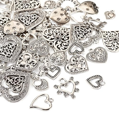Elecrelive Crystal Heart Charms Rhinestone Heart Pendants Valentine Charms for Necklace Bracelet Earring Wedding Jewelry - color: Antique Silver, 48pcs