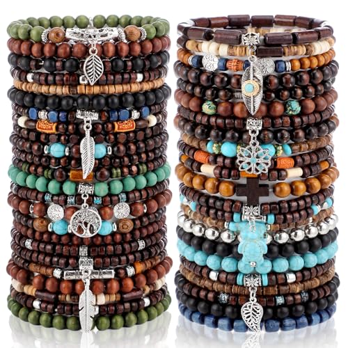 Tondiamo 48 Pcs Punk Wooden Beads Bracelets Gothic Bracelet for Men Adjustable Bulk Vintage Beaded Bracelet Metal Set Wood Bangles Wristbands Commemorative Gift