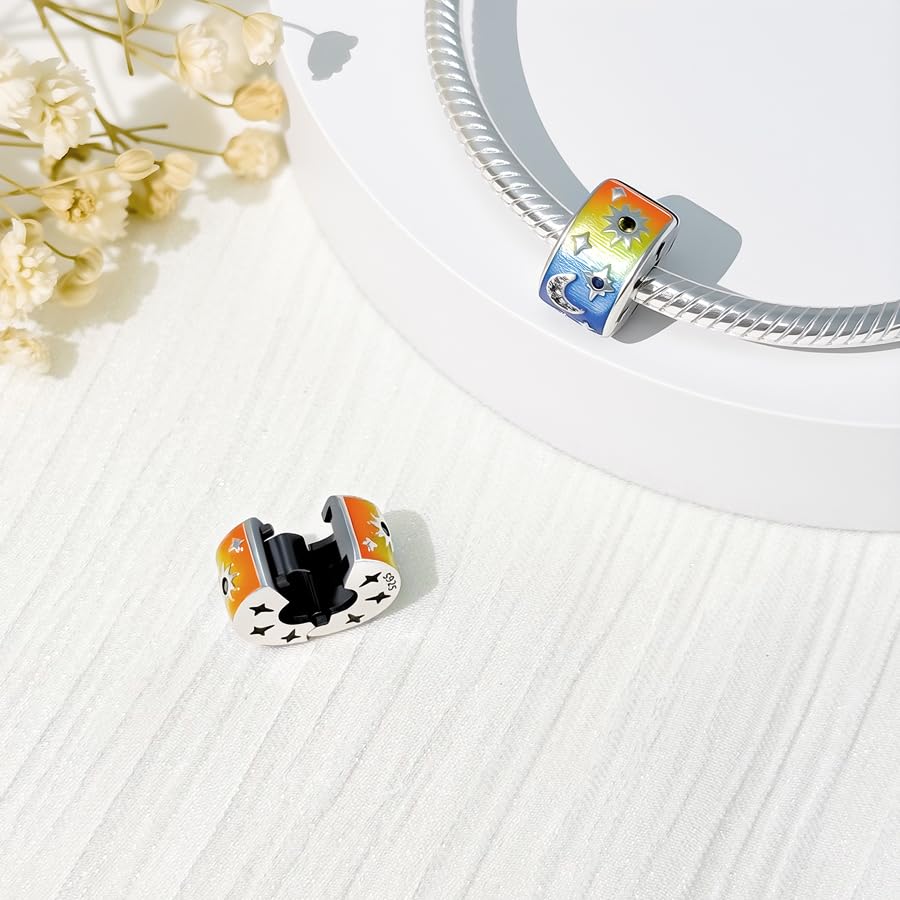 925 Sterling Silver Openable Clip Spacer Bead Fits Pandora Bracelet | Hypoallergenic Clip Stopper Charm, Star Clover Butterfly Floral Mom Heart Paved Zircon Gift for DIY Charm Bracelet Jewelry - color: Sun Moon Star