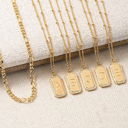 Gold Initial Necklace for Women 14K Gold Plated Figaro Chain Choker Layered Necklaces Set Bar Rectangle Pendant Necklaces Simple Dainty Letter Necklace Everyday Gold Jewelry - style: Letter R