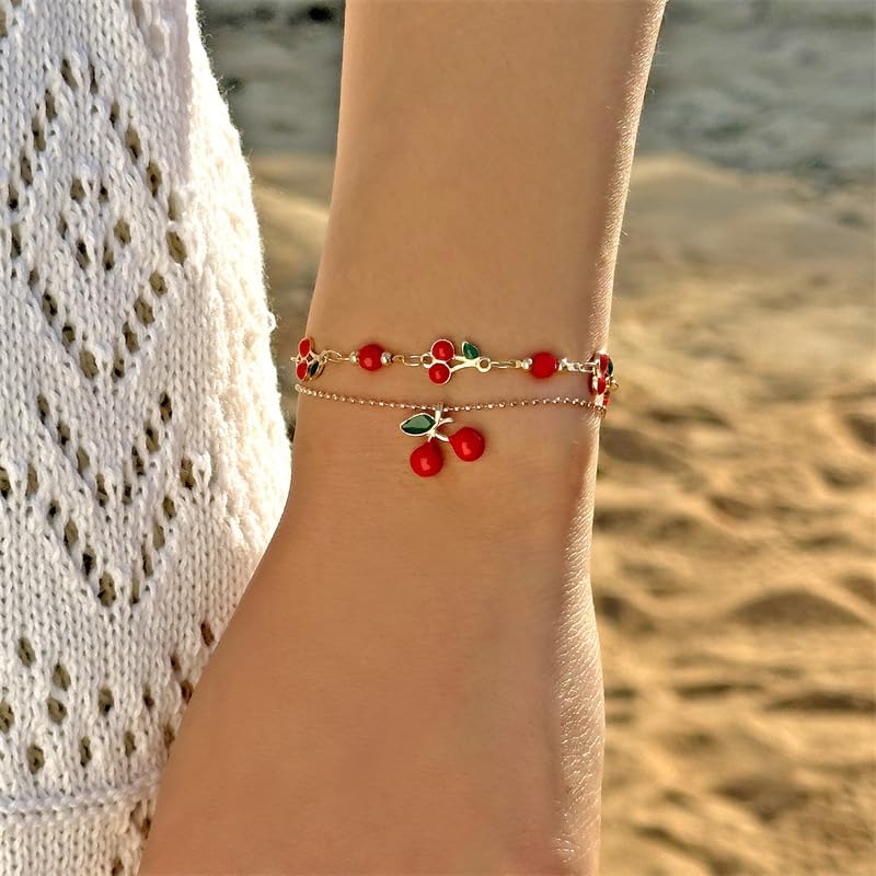 Tiny Red Cherry Fruit Necklace Bracelet Anklet Sweet Cherry Pendant Double Layered Gold Chain - color: red cherry bracelet