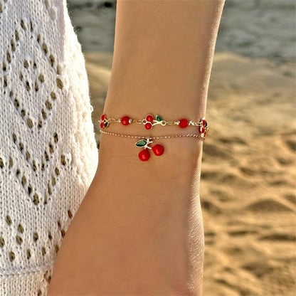 Tiny Red Cherry Fruit Necklace Bracelet Anklet Sweet Cherry Pendant Double Layered Gold Chain - color: red cherry bracelet