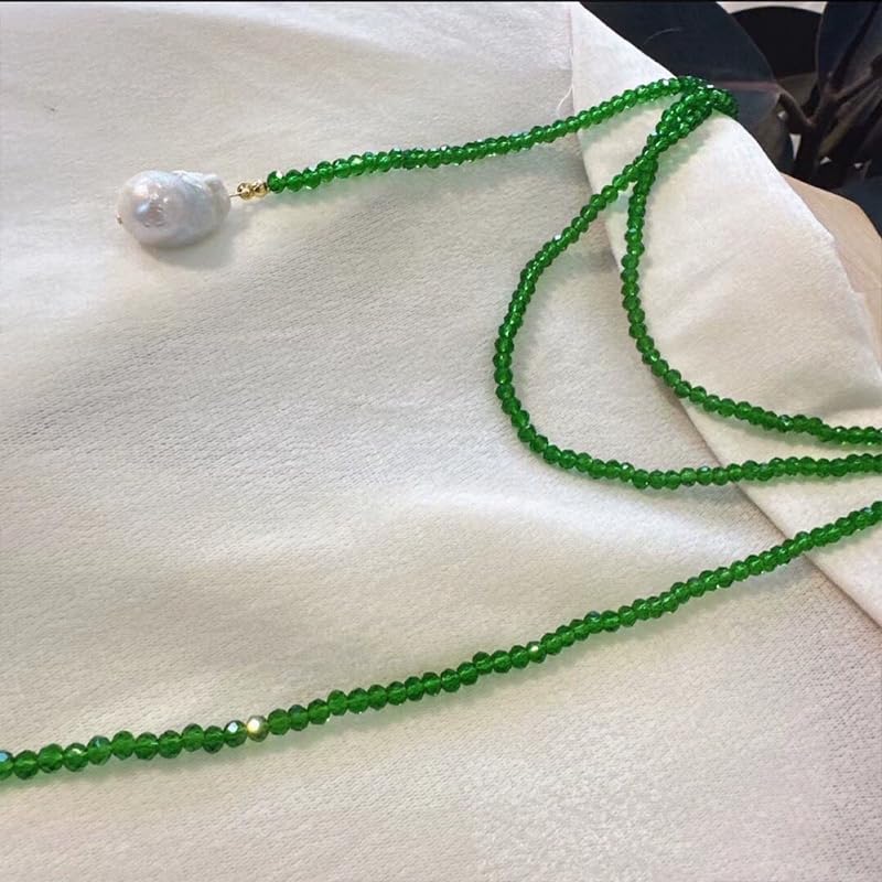 Long Green Beaded Lariat Necklace for Women Slip Tie Adjustable Wrap Around Black Beads Choker Baroque Long Pearl Drop Pendant Y Shaped Lariat Necklace Jewelry - color: Green
