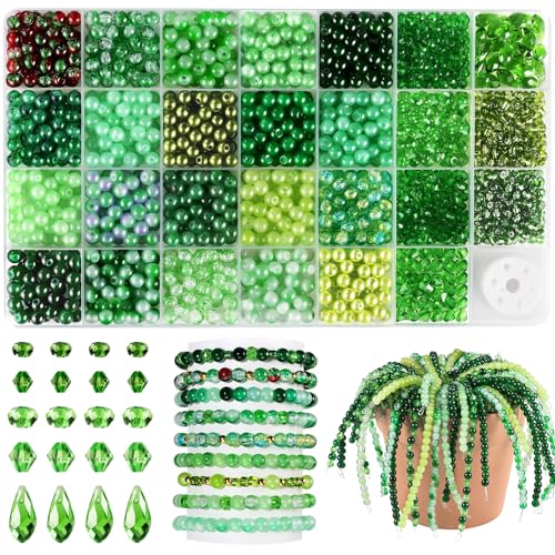 Funtopia 1600pcs Green Glass Beads for Bracelets, 6mm Crystal Beads | Beads for Jewelry Making Beaded Plants, Round Glass Beads with Faceted Bead Seed Beads for DIY Plant Making Crafts Earrings - color: #10 Green, size: 6mm