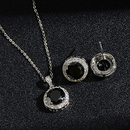 Bridal Crystal Jewelry Set - Sterling Silver Round Cubic Zirconia CZ Rhinestone Halo Birthstone Pendant Necklace Stud Earrings Set for Wedding Bride Bridesmaids Birthday Gift - color: Black