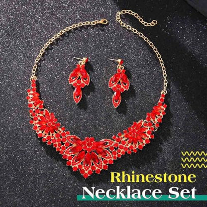 Yonamix Gold Jewelry Set Wedding Rhinestone Necklace Sets for Women | Formal Prom Dinner Party Gala Night Crystal Flower Necklaces Earrings - color: D Red