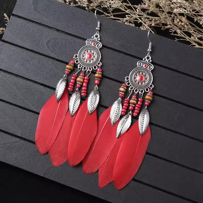 Boho Western Earrings for Women Western Feather Earrings Vintage Concho Turquoise Teardrop Dangle Earrings Country Concert Jewelry Accessories - style: Red feather