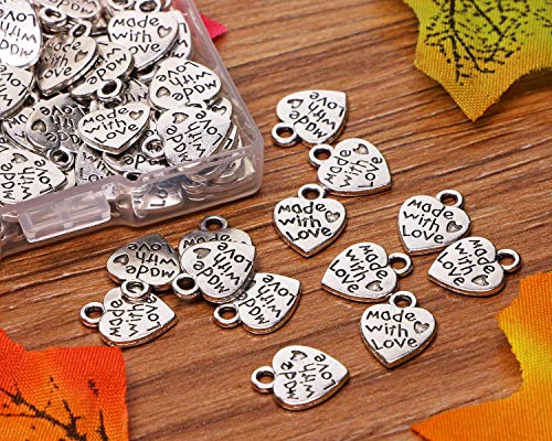 Shapenty 100PCS Mini Metal Beads Heart Shaped “Made with Love” Charms Bulk for DIY Craft Keychain Necklace Pendants Bracelets Earrings Jewelry Making Findings - color: Silver