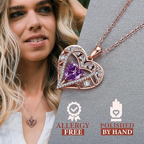 5 Heart I Love You Necklace for Women, Birthstone Crystal Pendant, Birthday Gift for Her, Wife, Mom, Rose Gold or Gunmetal Plated, 925 Sterling Silver Chain 18"+2" - color: 06-June-Alexandrite Light Purple-Rose Gold Plated