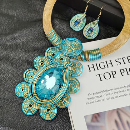 African Jewelry Sets Statement Big Crystal Pendent Necklace Earrings Set For Women Handmade Bib Collar Costume Tribal Fashion Accessories - color: KDLUN5305 Sky Blue