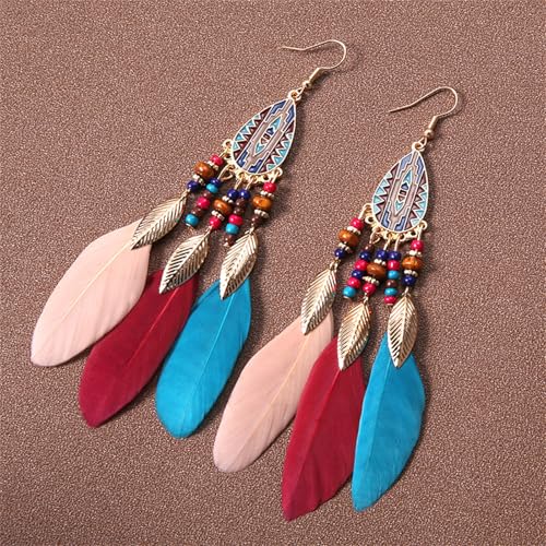 Dreuyet Boho Long Feather Drop Dangle Earrings for Women Retro Bohemian Ethnic Fringe Multicolor Tassel Feather Earring Handmade Statement Dream Catcher Earrings Jewelry - color: Color Teardrop