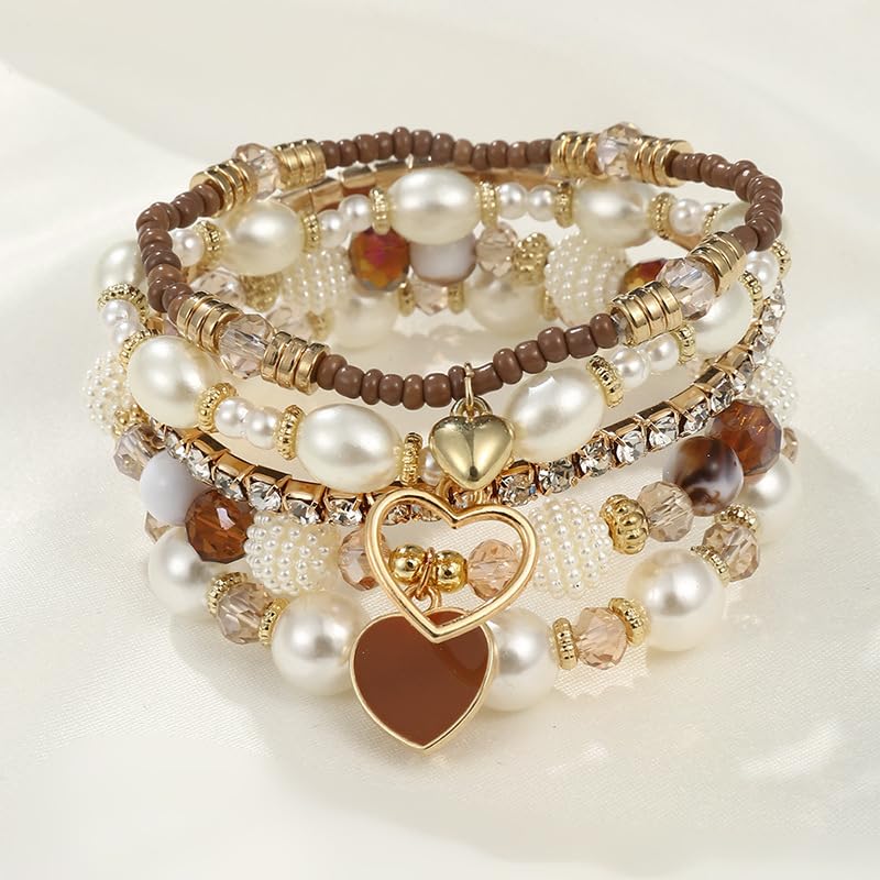 Pingyongchang Bohemian Stackable Beaded Bracelets Set for Women Multicolor Stretch Faux Pearl Heart Crystal Stretchy Bangles Multilayered Handmade Friendship Holiday Beach Jewelry Mother's Day Gifts - color: Brown