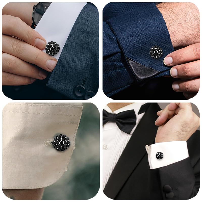 Round Rhinestone Cufflinks for Men Tuxedo Shirt Studs Crystal Ball Cufflinks French Cuff Links for Men Wedding Business Prom - color: Black