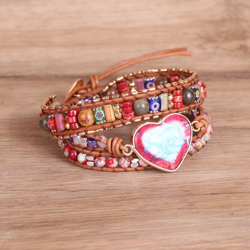 Handmade Boho Wrap Bracelets Natural Turquoise Crystal Stone Variety Beaded Strand Bracelet - color: Red Heart