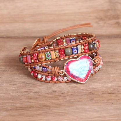 Handmade Boho Wrap Bracelets Natural Turquoise Crystal Stone Variety Beaded Strand Bracelet - color: Red Heart