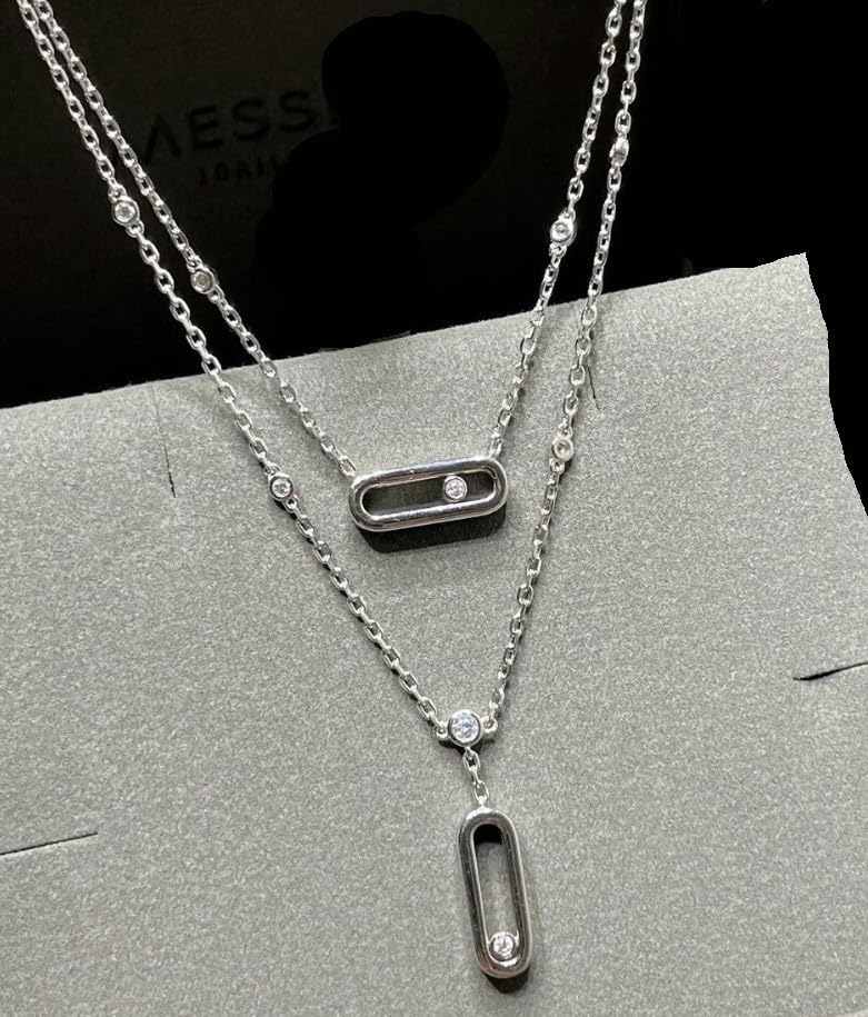 Diamond necklace for women, simple geometric single diamond double-layer, fashionable autumn and winter sweater chain, versatile clavicle - color: Silver
