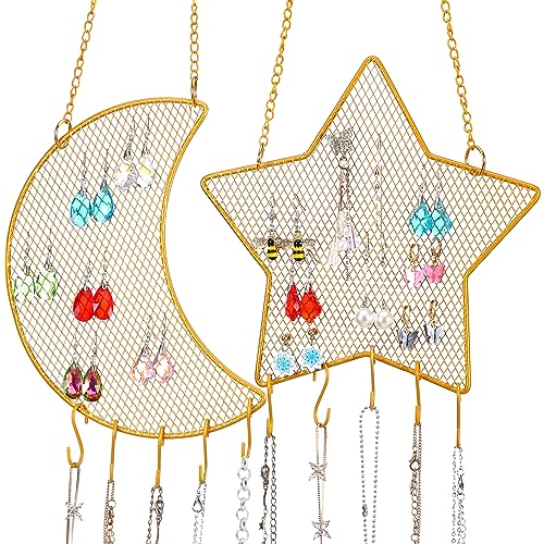 Jetec 2 Pcs Earring Wall Holder Wall Mounted Organizer Hanging Stand Decorative Diamond Grid Shape Jewelry Display Rack with Hanging Hooks for Earrings Necklace Bracelet(Gold) - color: Gold