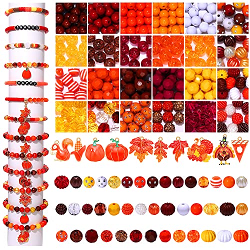 NVENF 300PCS Thanksgiving Fall Beads Charms for Jewelry Making, Enamel Harvest Maple Leaf Turkey Pumpkin Pendant Charms Assorted Orange Brown Rhinestone Acrylic Loose Beads for DIY Bracelet Necklace