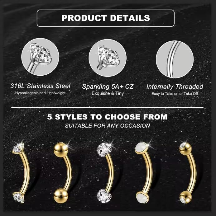 14G Small Belly Button Rings for Women 316L Stainless Steel | Tiny Internally Threaded Navel Rings, Rook Piercing Jewelry, Eyebrow Rings, Hypoallergenic Curved Barbells, 6-16MM, 5PCS - color: 14G/16MM Bar/Gold