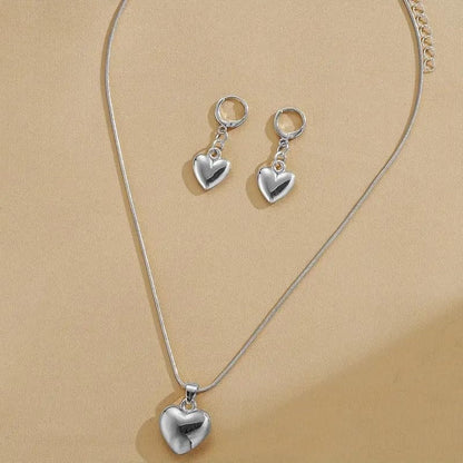 Tone Puffy Heart Pendant Necklace and Huggie Earrings Set, Minimalist Romantic Dainty Jewelry for Women - color: Silver