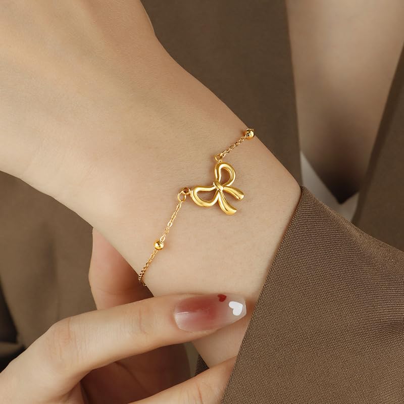 Gold Bow Necklace Bracelet Earrings Set for Women Bowknot Choker Necklace Ribbon Stud Earrings Silver Bow Bracelet Christmas Holiday Jewelry - color: Gold