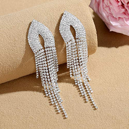 Silver Rhinestone Crystal Bridal Chandelier Long Tassels Dangle Earrings for Wedding - color: D-4