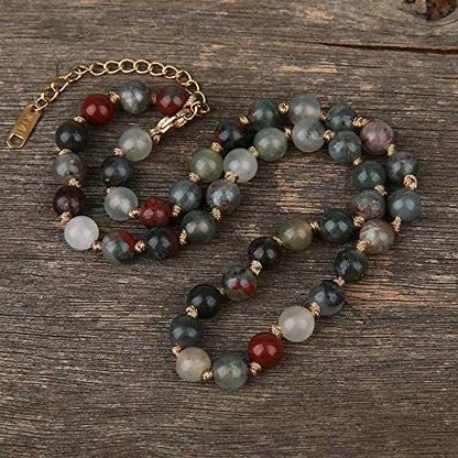 Semi Precious Stone Beaded Choker Necklace 14K Gold Plated Natural Stone Double Strand Necklace Layered Short Necklaces - color: Bloodstone