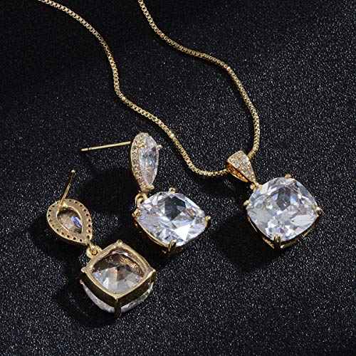 Elegant Jewelry Set for Women Silver Teardrop CZ Drop Earrings and Necklace | Square Teardrop Cubic Zirconia Rhinestone Jewelry Sets Bridal Jewelry Sets for Wedding Bride Bridesmaids Mother of Bride - style: Shining Beauty (14k Gold Plated)