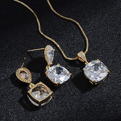 Elegant Jewelry Set for Women Silver Teardrop CZ Drop Earrings and Necklace | Square Teardrop Cubic Zirconia Rhinestone Jewelry Sets Bridal Jewelry Sets for Wedding Bride Bridesmaids Mother of Bride - style: Shining Beauty (14k Gold Plated)