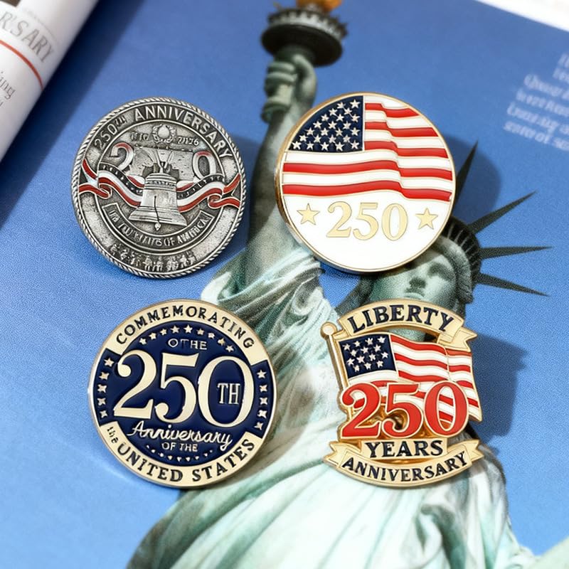 4Pack USA 250th Anniversary Pins, 250th Merchandise - Alloy Metal Enamel Patriotic Lapel Pin for July 4th, Independence Day, Semiquincentennial Commemorative Badges for Men Women, Hats, Bags, Gifts