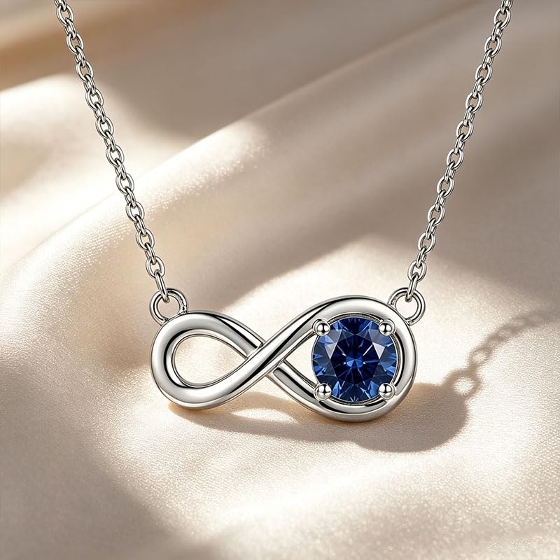 925 Sterling Silver Infinity Necklace for Women, Round Blue Cubic Zirconia Infinity Pendant Necklace, September Birthstone Jewelry