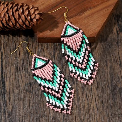 Bohemian Tassel Colorful Beaded Earrings For Women Trendy, Long Fringe Feather Drop Jewelry Handmade Gifts. - color: color5