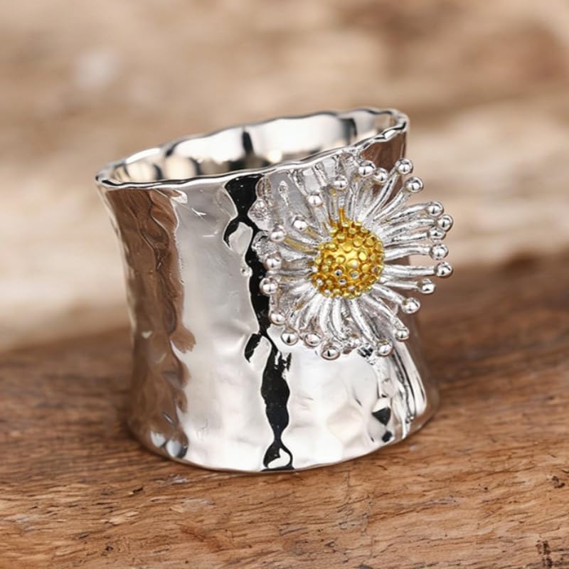 Simple Two Tone Dandelion Wide Bohemian Ring for Women Daily Party Vacation Fashion Jewelry - color: Silver & Gold
