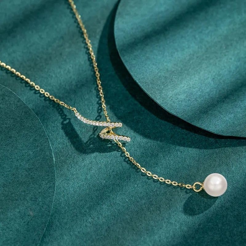 925 Sterling Silver Lariat Necklace for Women | Long 14K Gold Plated Y-Shaped Pearl Necklace CZ Crystal Ball Sparkle Necklace for Mother Daughter Bride Wedding Jewelry - color: Style 1-Gold
