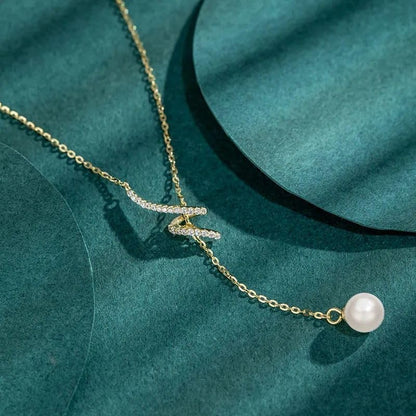 925 Sterling Silver Lariat Necklace for Women | Long 14K Gold Plated Y-Shaped Pearl Necklace CZ Crystal Ball Sparkle Necklace for Mother Daughter Bride Wedding Jewelry - color: Style 1-Gold