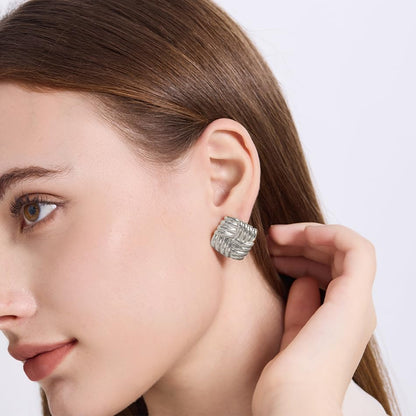 Gold Chunky Statement Earrings for Women, Trendy 14K Gold Plated Square Geometric Vintage Drop Dangle Designer Stud Earrings, Jewelry Gift - style: square striped-silver