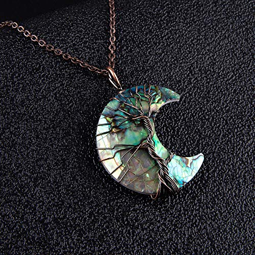 Bivei Life Tree Crescent Moon Necklaces for Women | Copper Wire Wrap Gemstones Pendant Crystals and Natural Stones Necklace Witch Jewellery Christmas Valentine's Day for Friends - color: Blue Abalone Shell, style: Pack of 1